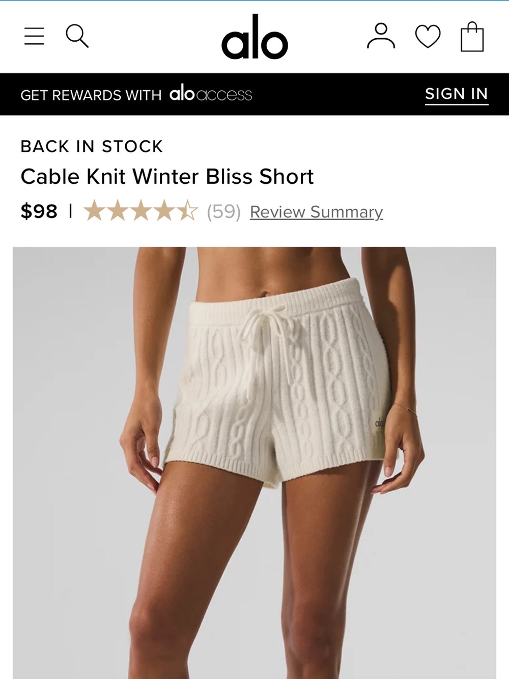 Alo Yoga Cable Knit Winter Bliss Short Sz XS Ivory Cream Off White High Waisted